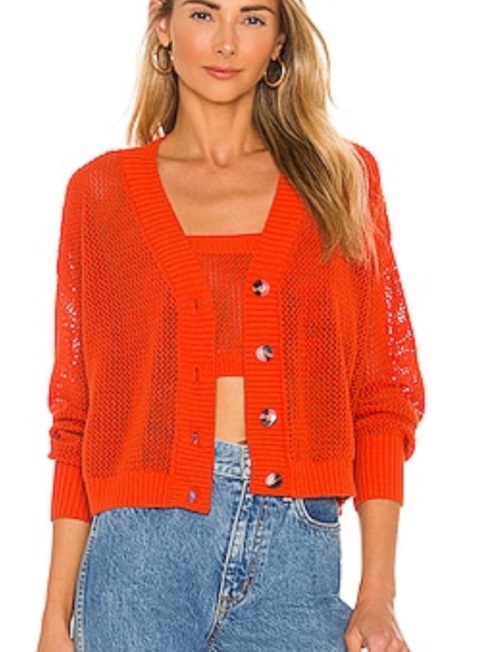 Callahan Open-Knit Button Cardigan and crochet crop top in cherry